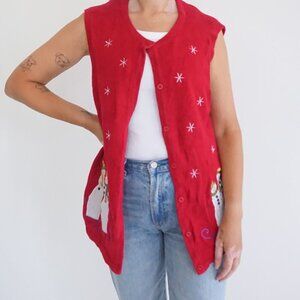 Vintage Breckenridge Red Snowflake Snowman Embroidered Holiday Vest Christmas L